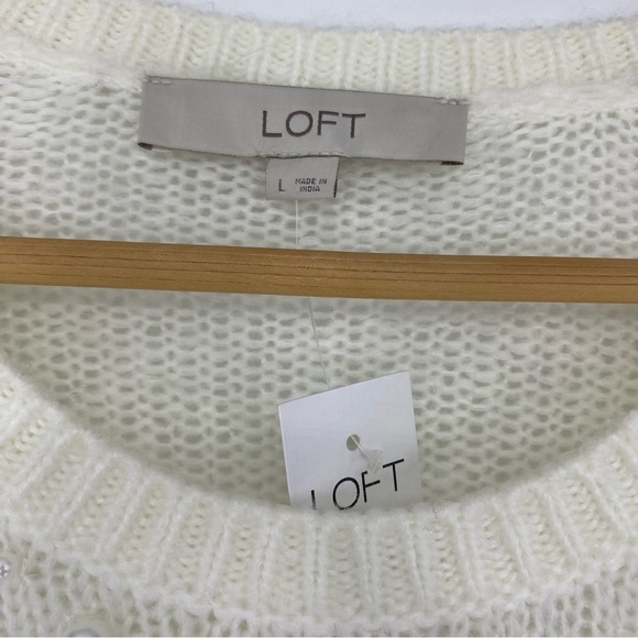 NWT LOFT cream pearl beaded embellished crew neck soft sweater wms sz Lg - Picture 4 of 8
